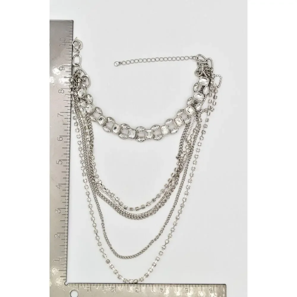 Vintage Choker Layered Necklace Rhinestone Crystal Silver Multi-Chain Y2K BinBJ